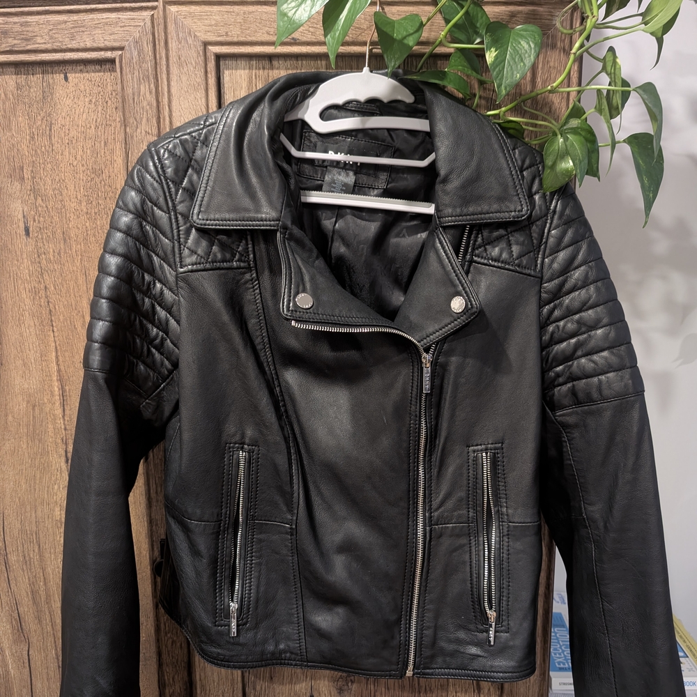 DKNY Quilted Black Leather Jacket - Picture 2 of 4